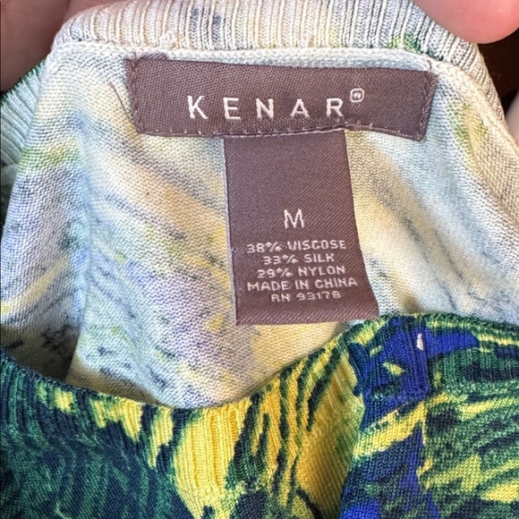 KENAR Blue Green Silk Blend Daphne Knit Top Size M Multicolor Print Short Sleeve - Picture 7 of 10